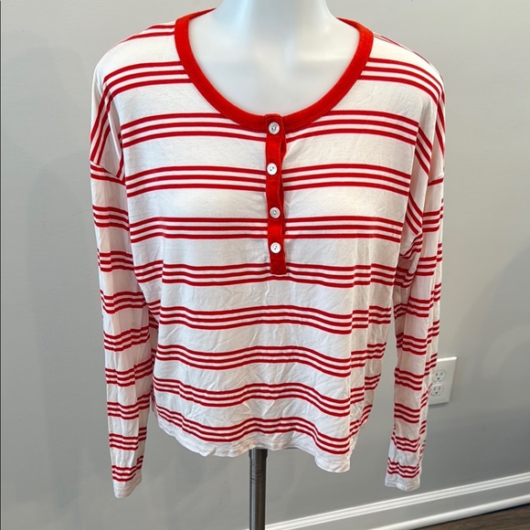 J. Crew Red and White Striped Henley Top - Picture 1 of 8